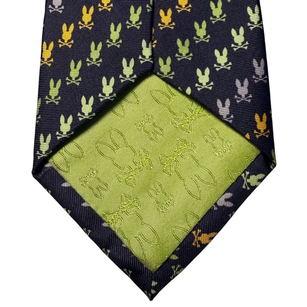 Psycho Bunny Mens 100% Silk Tie Navy Blue and Multi Color Logo Print